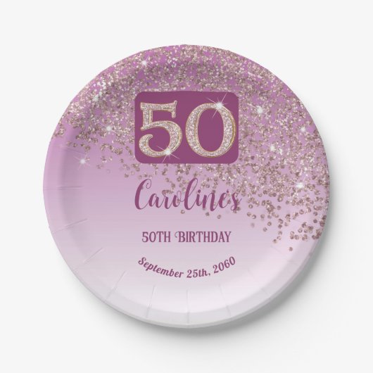 50th Birthday Party Sparkle Rose Gold Glitter Papieren Bordje (Voorkant)