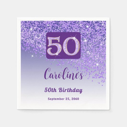 50th Birthday Party Sparkling Purple Glitter Servet (Voorkant)