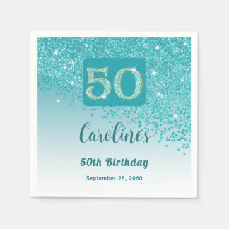 50th Birthday Party Sparkling Teal Blue Glitter Servet