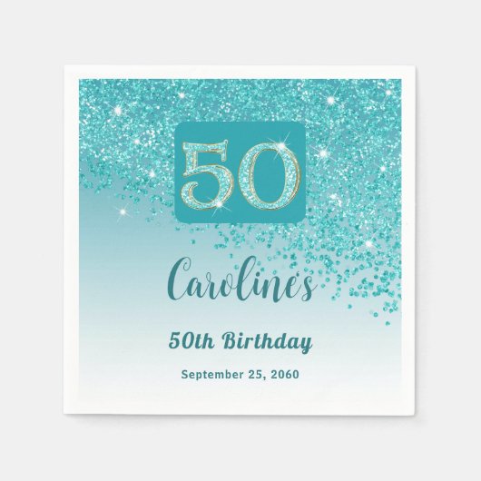 50th Birthday Party Sparkling Teal Blue Glitter Servet (Voorkant)