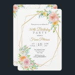 50th Birthday party uitnodiging voor haar<br><div class="desc">Goud lijst en roze rozen 50e verjaardagsfeestkaart. Zoek passende producten in onze winkel of neem contact met ons op.</div>