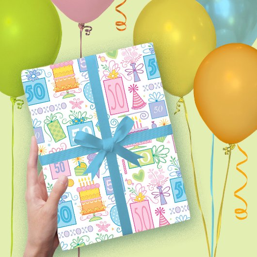 50th Birthday Pastel Roze Cake Cadeaus Ballonnen Inpakpapier Vel