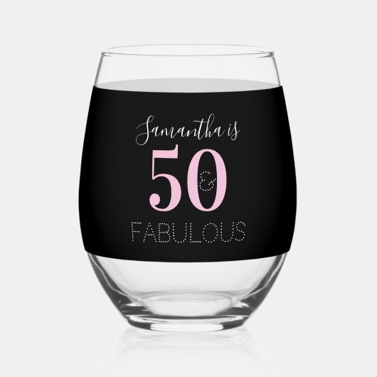 50th Birthday Personalized Black Pink Wijnglas Zonder Voet (Voorkant)
