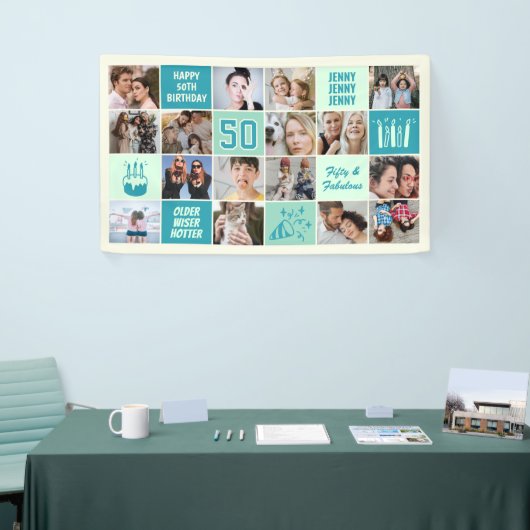 50th Birthday Photo Collage Custom Mint Green Teal Spandoek (Beurs)