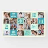 50th Birthday Photo Collage Custom Mint Green Teal Spandoek (Horizontaal)