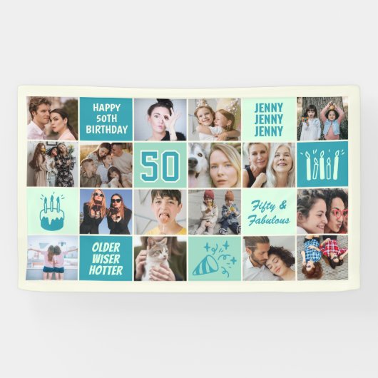50th Birthday Photo Collage Custom Mint Green Teal Spandoek (Horizontaal)