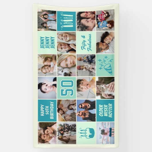 50th Birthday Photo Collage Custom Mint Green Teal Spandoek (Verticaal)