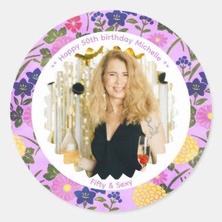 50th birthday photo name pink floral elegant ronde sticker