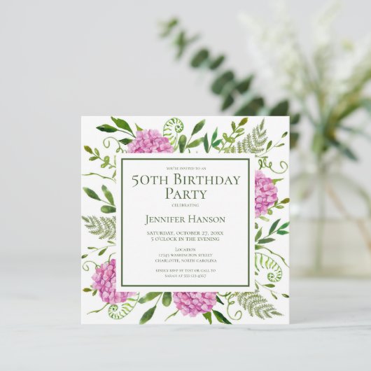 50th Birthday Pink Hydrangeas Card Request  Kaart (Staand voorkant)