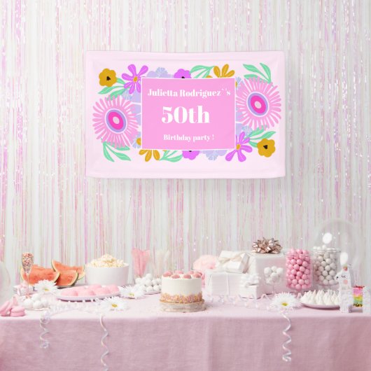 50th birthday pink modern cute floral chic Banner (Feest)