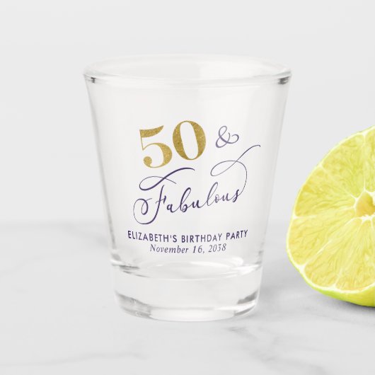 50th Birthday Purple Gold Party Favor Shot Glas (Voorkant)