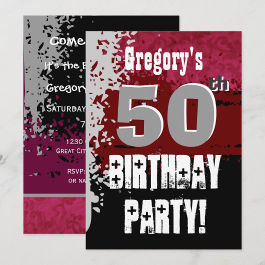 50th Birthday Red en Black Grunge Custom Name Kaart (Voorkant / Achterkant)