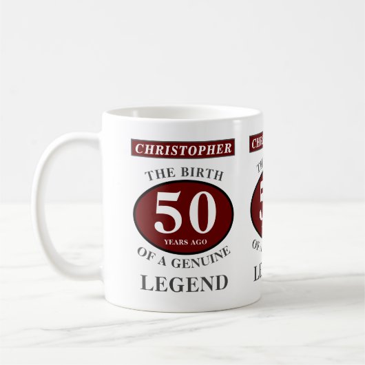 50th Birthday Red Genuine Legend Jouw naam toevoeg Koffiemok (Links)