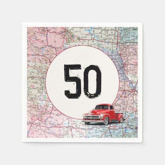 50th Birthday Red Retro Truck op Road Map Servet (Voorkant)