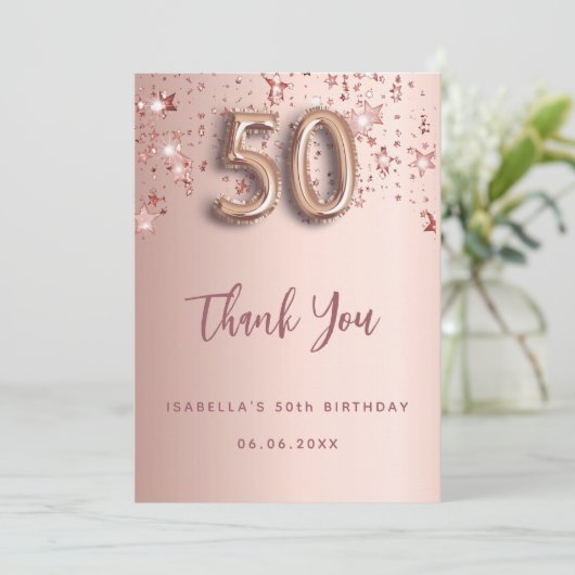 50th Birthday roos Gold Stars Dank u kaart (Staand voorkant)