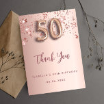 50th Birthday roos Gold Stars Dank u kaart<br><div class="desc">Een bedankje voor een 50ste verjaardag. Een roos gouden gradiënt achtergrondkleur. Met roos gouden druppelende stralende sterren. Aan de voorzijde: nummer 50 geschreven met een ballonstijl lettertype, groot donker roos goudkleurig handschrift en de tekst: Thank You, jouw tekst, titel en een datum. Terug: Personaliseer en voeg uw bedankbriefje en naam...</div>