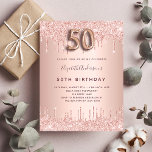 50th Birthday roos goud glitter roze luxe Uitnodiging Briefkaart<br><div class="desc">Een moderne, stijlvolle en glamoureuze uitnodiging voor een 50e verjaardagsfeestje. Een faux roos gouden metalen achtergrond met een elegante faux roos goudglitter drip, verfdruppelaar. De naam wordt geschreven met een modern donker roos goudkleurig handgeschreven stijlmanuscript met letters. Pas je partijgegevens aan en voeg deze toe. Aantal 50 wordt geschreven met...</div>