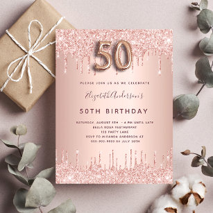 50th Birthday roos goud glitter roze luxe Uitnodiging Briefkaart