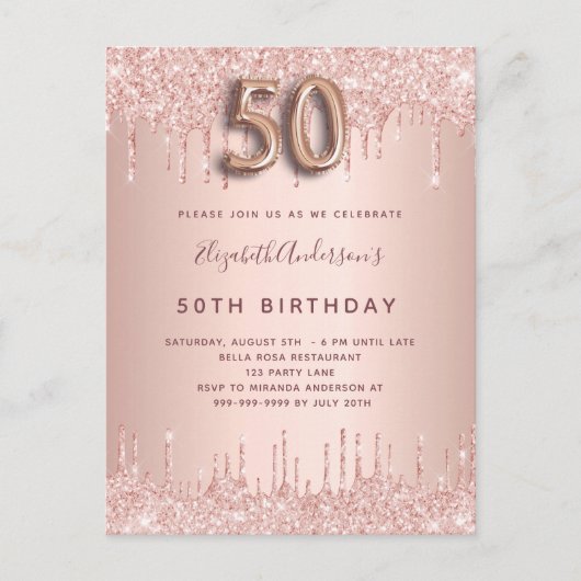 50th Birthday roos goud glitter roze luxe Uitnodiging Briefkaart (Voorkant)