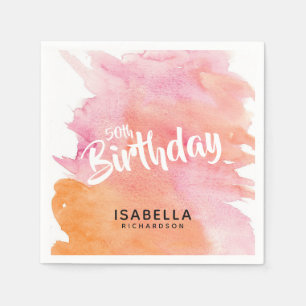 50th Birthday Roze en Sinaasappel Waterverf Papier Servet