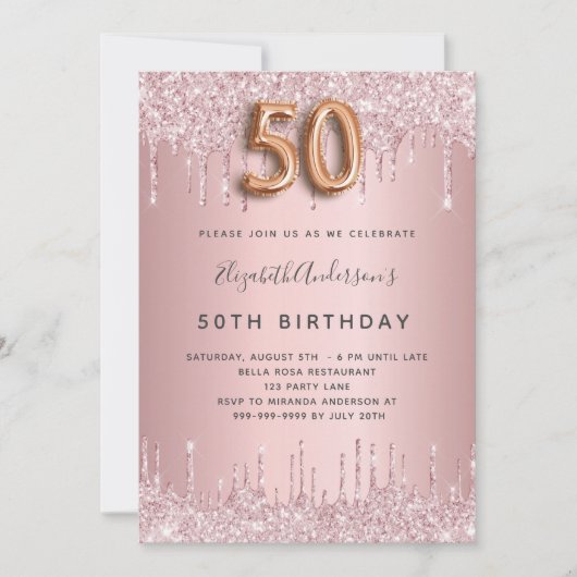 50th Birthday roze stoffige roos glitter luxe Kaart (Voorkant)