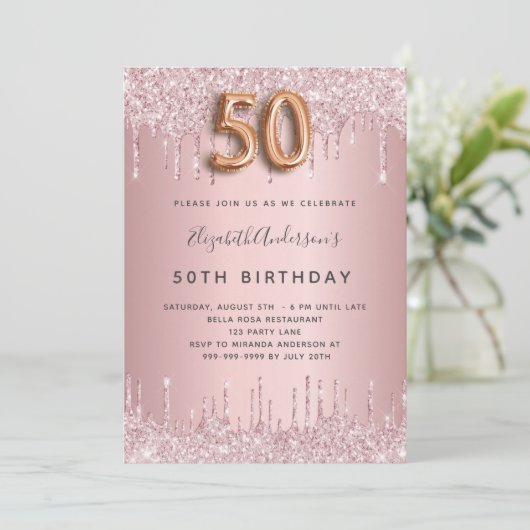 50th Birthday roze stoffige roos glitter luxe Kaart (Staand voorkant)