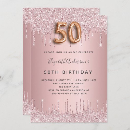50th Birthday roze stoffige roos glitter luxe Kaart (Voorkant / Achterkant)