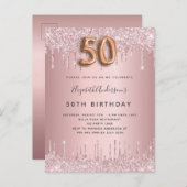 50th Birthday roze stoffige roos glitter luxe Uitnodiging Briefkaart (Voorkant / Achterkant)