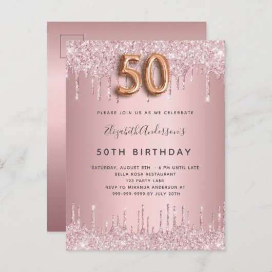 50th Birthday roze stoffige roos glitter luxe Uitnodiging Briefkaart (Voorkant / Achterkant)