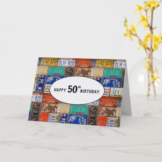 50th Birthday Rusty-Bord Kaart (Gele Bloem)