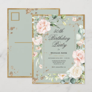 50th Birthday Sage Green Gold Waterverf Uitnodiging Briefkaart