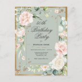 50th Birthday Sage Green Gold Waterverf Uitnodiging Briefkaart (Voorkant)