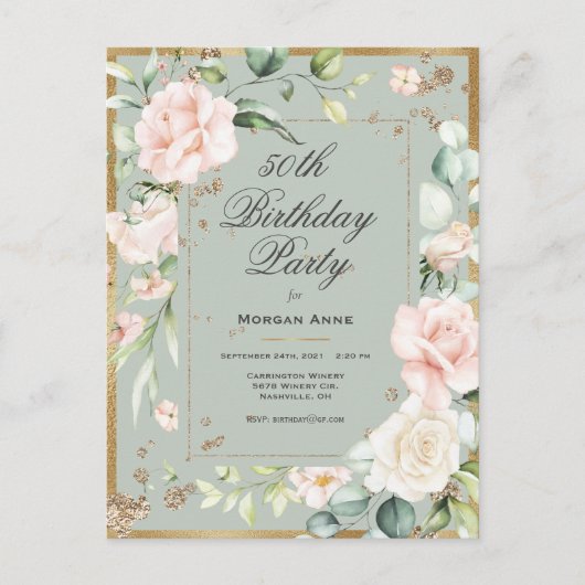 50th Birthday Sage Green Gold Waterverf Uitnodiging Briefkaart (Voorkant)