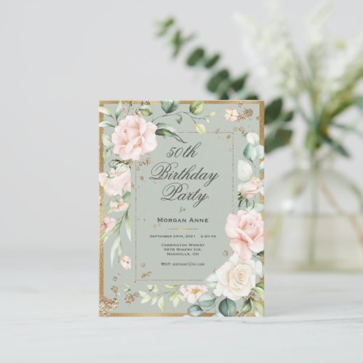 50th Birthday Sage Green Gold Waterverf Uitnodiging Briefkaart (Staand voorkant)