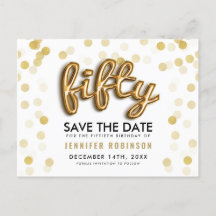 50th Birthday Save the Date Gold Balloons Glitter