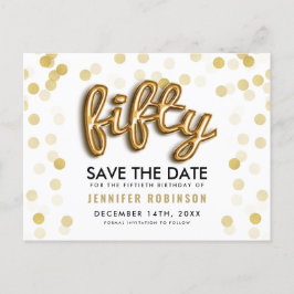 50th Birthday Save the Date Gold Balloons Glitter Aankondigingskaart