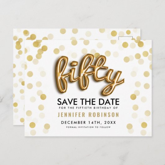 50th Birthday Save the Date Gold Balloons Glitter Aankondigingskaart (Voorkant / Achterkant)