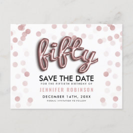 50th Birthday Save the Date Roos Gold Balloon Aankondigingskaart