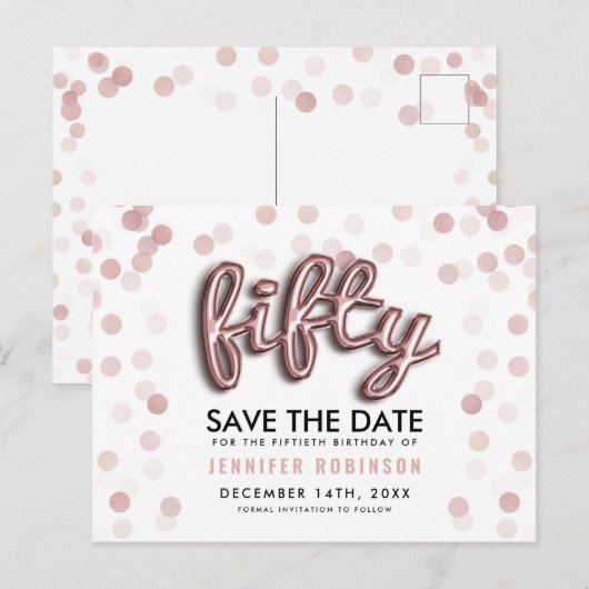 50th Birthday Save the Date Roos Gold Balloon Aankondigingskaart (Voorkant / Achterkant)