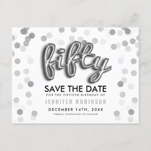 50th Birthday Save the Date Silver Balloon Glitter Aankondigingskaart