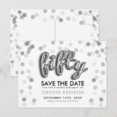 50th Birthday Save the Date Silver Balloon Glitter Aankondigingskaart (Voorkant / Achterkant)