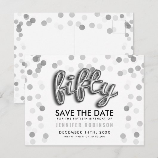50th Birthday Save the Date Silver Balloon Glitter Aankondigingskaart (Voorkant / Achterkant)
