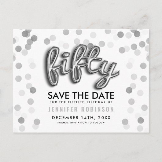 50th Birthday Save the Date Silver Balloon Glitter Aankondigingskaart (Voorkant)