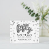 50th Birthday Save the Date Silver Balloon Glitter Aankondigingskaart (Staand voorkant)
