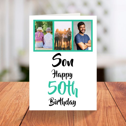 50th Birthday Son Green Modern Photo Collage Card Kaart