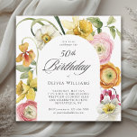 50th Birthday Spring Garden Watercolor Floral  Kaart<br><div class="desc">A beautiful way to celebrate this special milestone 50th birthday with a stylish sunny floral invitation, a favorite choice for celebrations in spring and into the summer months. Mixed colors of daffodils, ranunculus, and other watercolor floral elements blend beautifully in this garden themed elegant design. Personalize the text template with...</div>