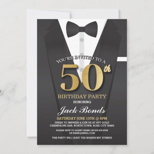 50th Birthday Spy Suit Black stropdas Gold Invitat Kaart (Voorkant)