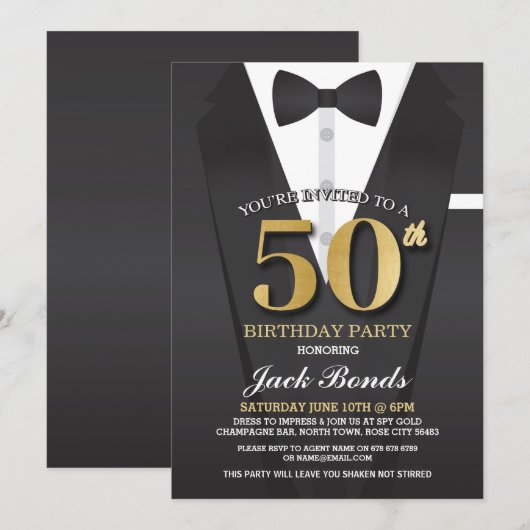 50th Birthday Spy Suit Black stropdas Gold Invitat Kaart (Voorkant / Achterkant)