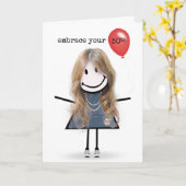 50th Birthday Stick Figuur Girl met rode ballon Kaart (Gele Bloem)