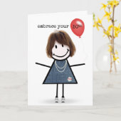 50th Birthday Stick Figuur Girl met rode ballon Kaart (Gele Bloem)